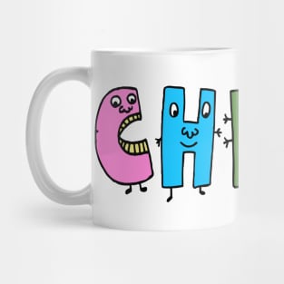 Cute Cheer Motivational Dancing Text Illustrated Letters, Blue, Green, Pink for all people, who enjoy Creativity and are on the way to change their life. Are you cheering for Change? To inspire yourself and make an Impact. Mug